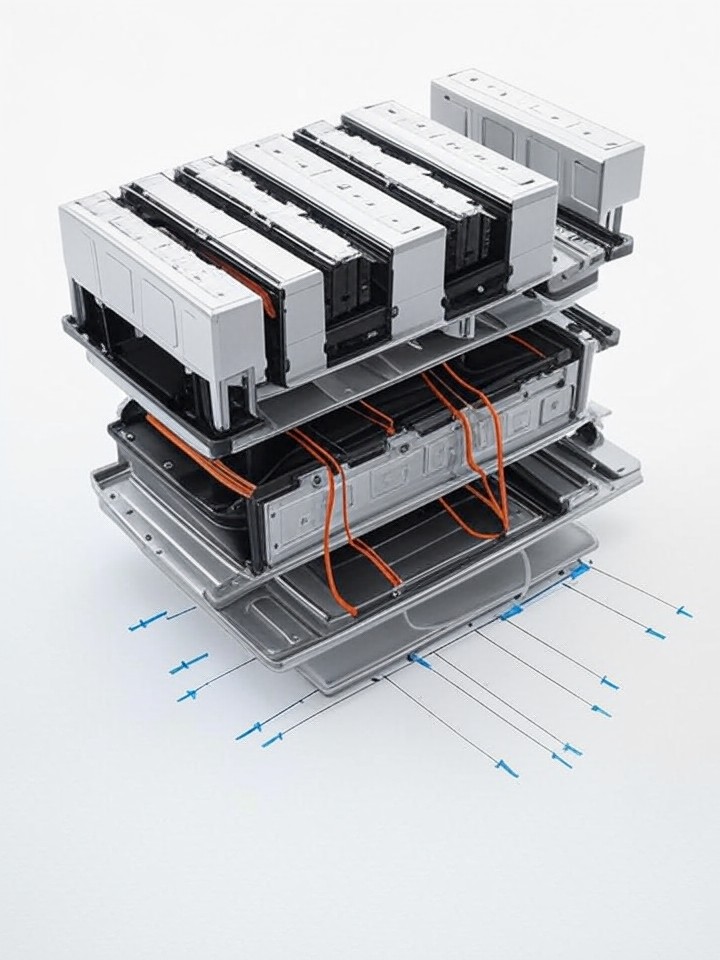 Tesla Model S High Voltage Battery Replacement technical blueprint illustration for Los Angeles repair service - detailed component schematic with orange accent highlights