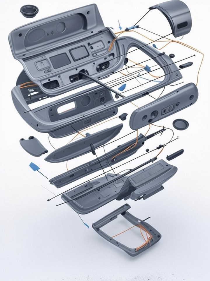 Tesla Model S Instrument Cluster Delamination technical blueprint illustration for Los Angeles repair service - detailed component schematic with orange accent highlights