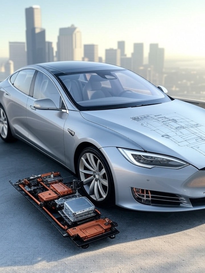 Tesla Model S Inverter Assembly Failure technical blueprint illustration for Seattle repair service - detailed component schematic with orange accent highlights