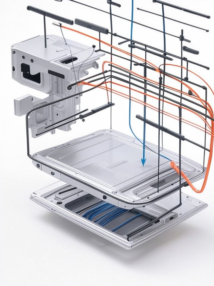 Tesla Model S Media Control Unit Failure technical blueprint illustration for Los Angeles repair service - detailed component schematic with orange accent highlights