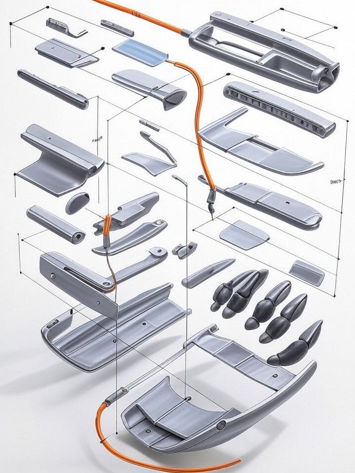 Tesla Model S Parking Pawl Stuck technical blueprint illustration for Los Angeles repair service - detailed component schematic with orange accent highlights