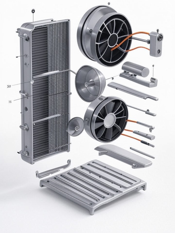 Tesla Model S Radiator and Condenser Fan Failure technical blueprint illustration for Los Angeles repair service - detailed component schematic with orange accent highlights