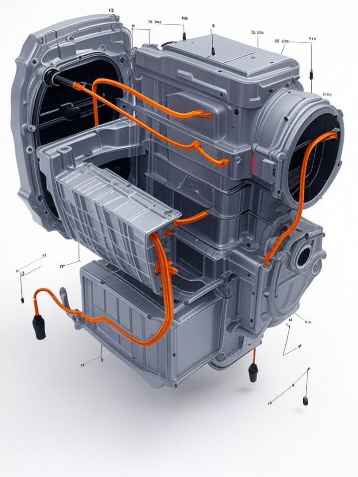 Tesla Model S Reduction Gearbox Noise Repair technical blueprint illustration for Los Angeles repair service - detailed component schematic with orange accent highlights
