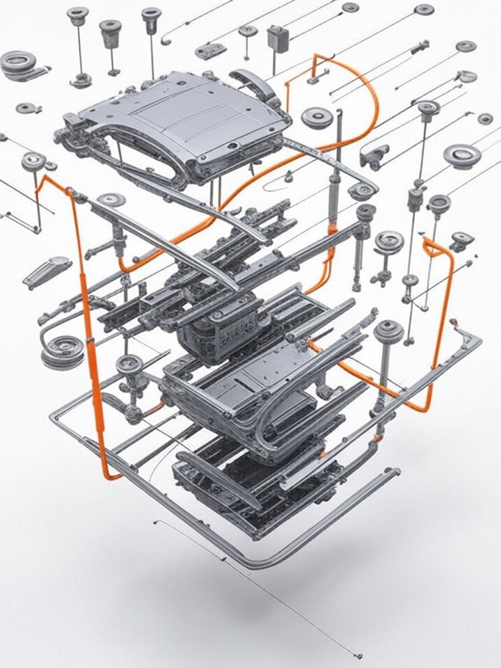 Tesla Model S Supermanifold and Octovalve Failure technical blueprint illustration for Los Angeles repair service - detailed component schematic with orange accent highlights