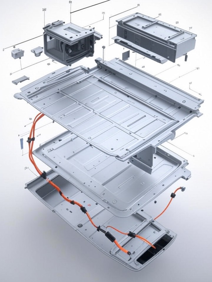 Tesla Model Y Inverter Assembly Failure technical blueprint illustration for Denver repair service - detailed component schematic with orange accent highlights