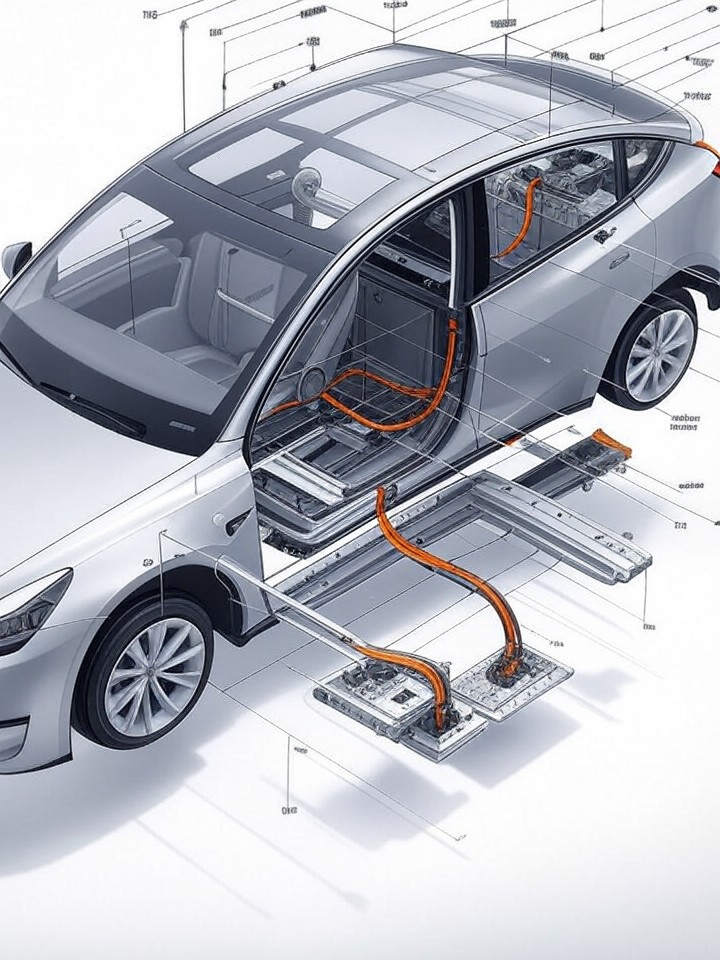 Tesla Model Y Onboard Charger Failure technical blueprint illustration for Chicago repair service - detailed component schematic with orange accent highlights